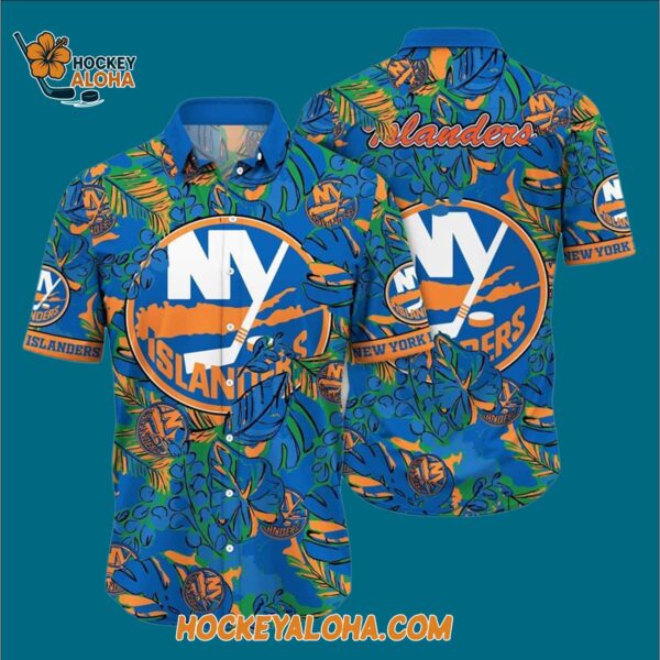 New York Islanders Tropical Leaf Pattern Summer Hawaiian Shirt 3
