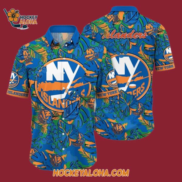 New York Islanders Tropical Leaf Pattern Summer Hawaiian Shirt 4