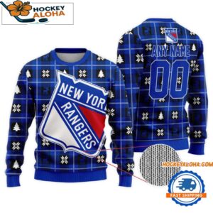 New York Rangers Snow Tree Christmas Ugly Sweater Custom Name And Custom Number