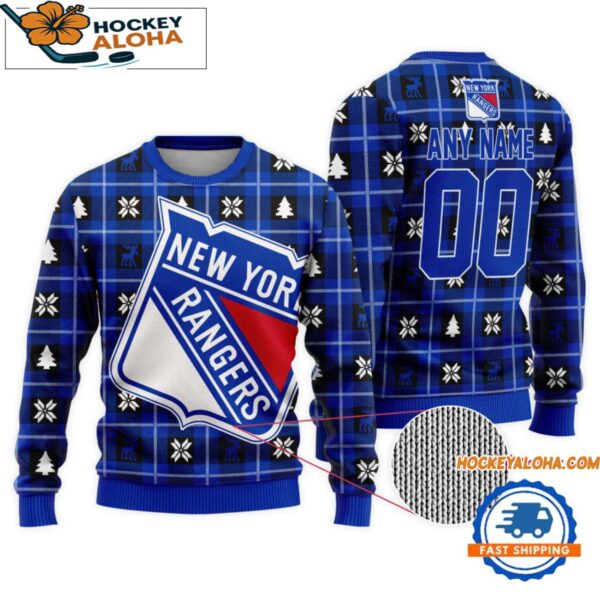 New York Rangers Snow Tree Christmas Ugly Sweater Custom Name And Custom Number