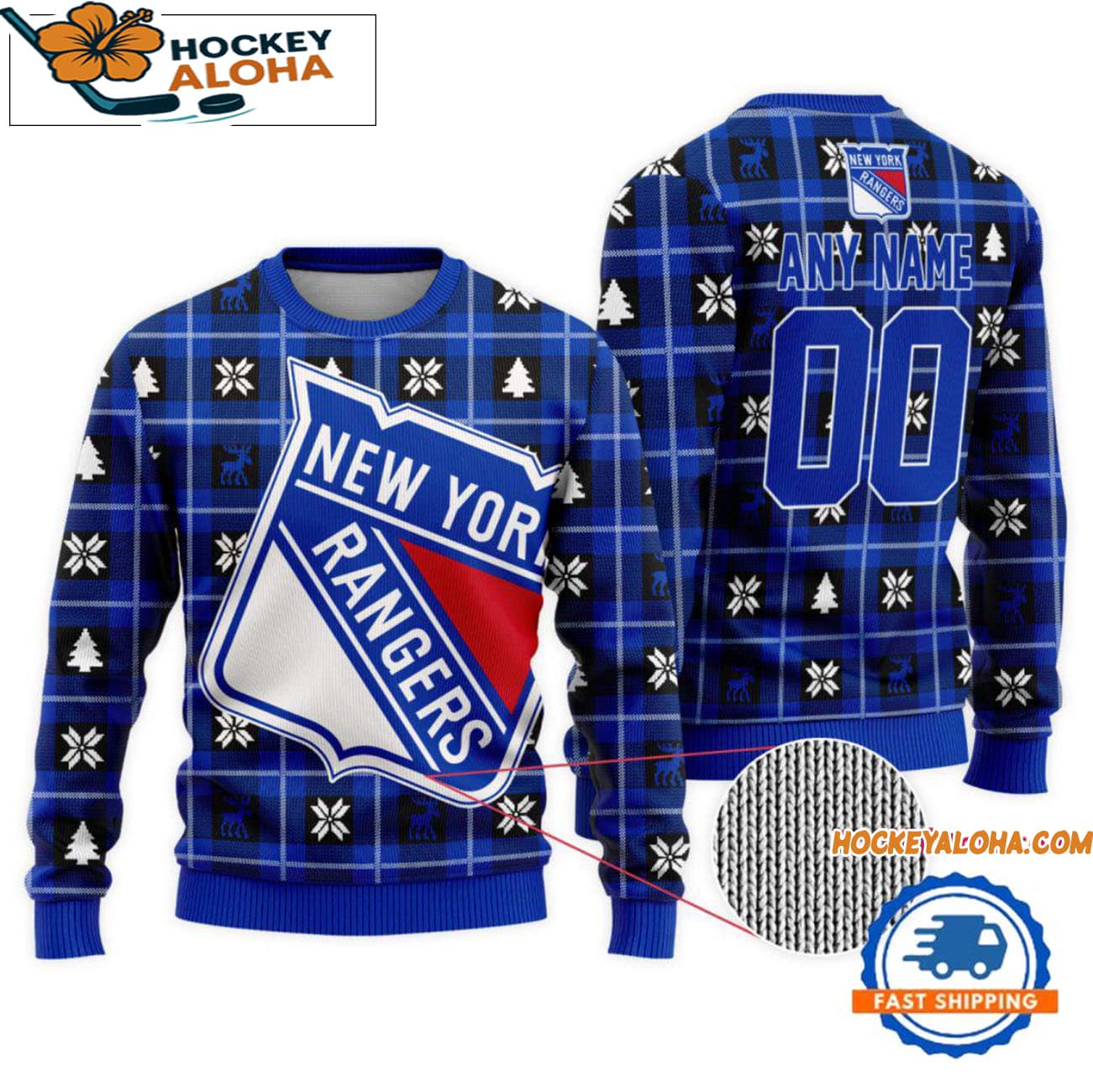 New York Rangers Snow Tree Christmas Ugly Sweater, Custom Name And Custom Number New York Rangers Snow Tree Christmas Ugly Sweater, Custom Name And Custom Number