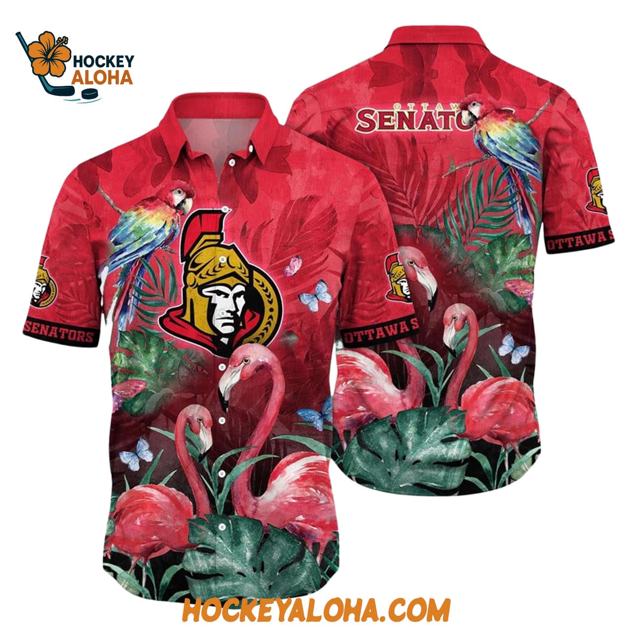 Ottawa Senators Tropical Parrot And Flamingo Motifs Summer Hawaiian Shirt Ottawa Senators Tropical Parrot And Flamingo Motifs Summer Hawaiian Shirt
