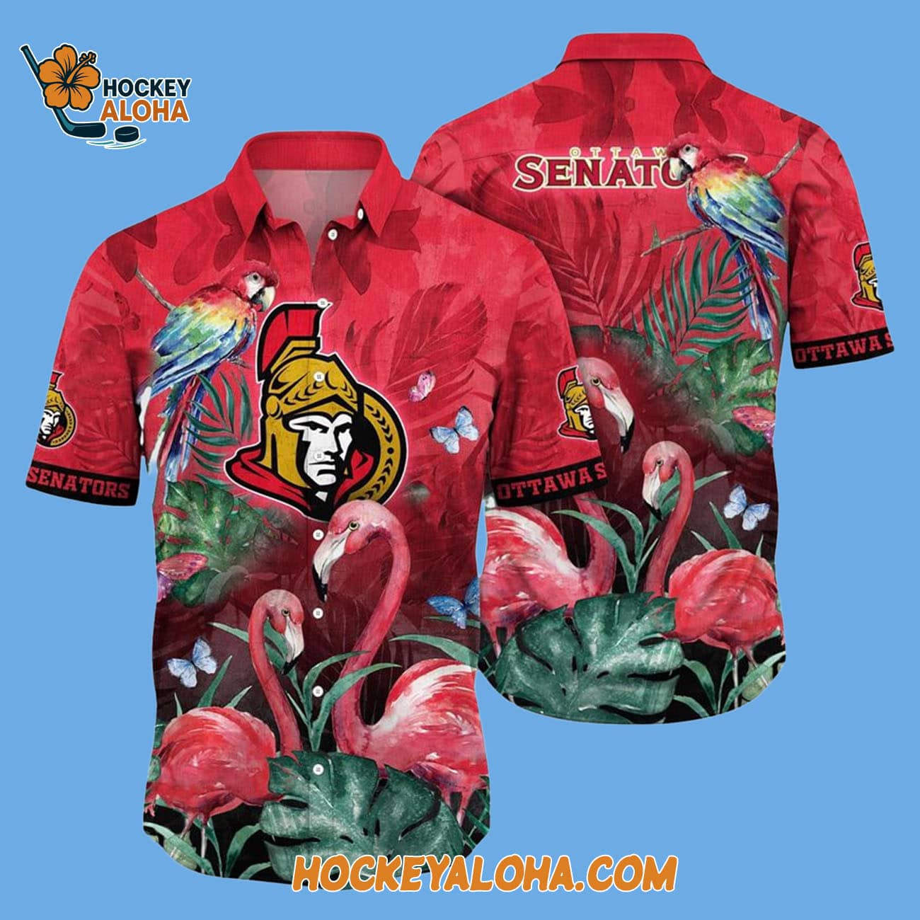 Ottawa Senators Tropical Parrot And Flamingo Motifs Summer Hawaiian Shirt Ottawa Senators Tropical Parrot And Flamingo Motifs Summer Hawaiian Shirt