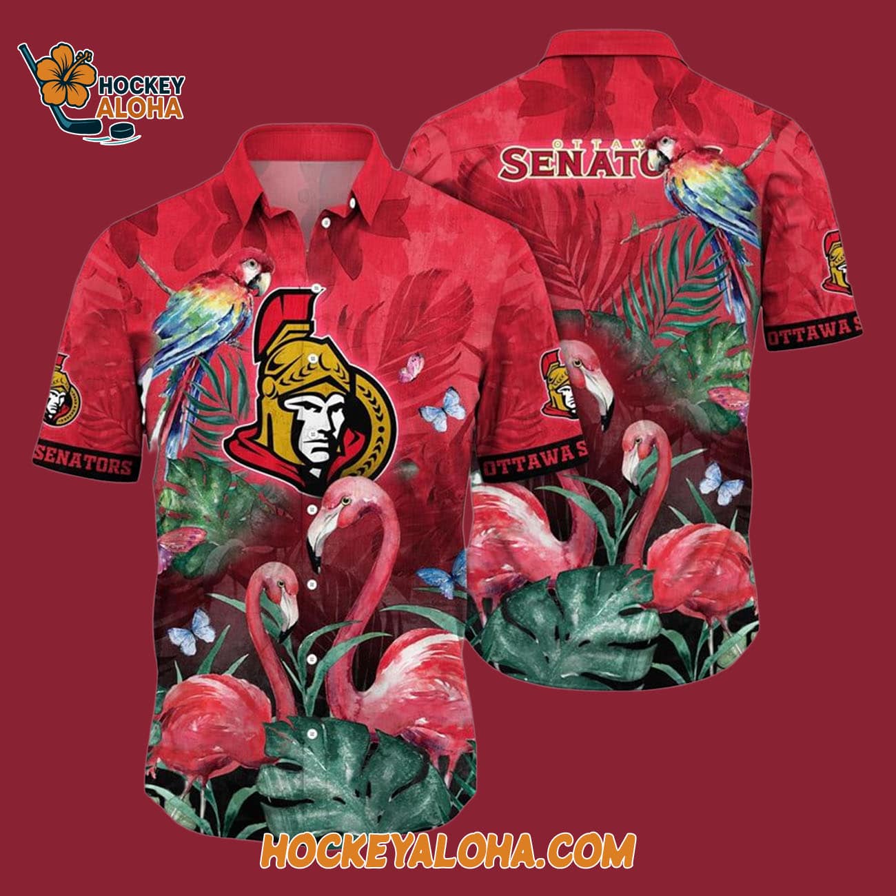 Ottawa Senators Tropical Parrot And Flamingo Motifs Summer Hawaiian Shirt Ottawa Senators Tropical Parrot And Flamingo Motifs Summer Hawaiian Shirt