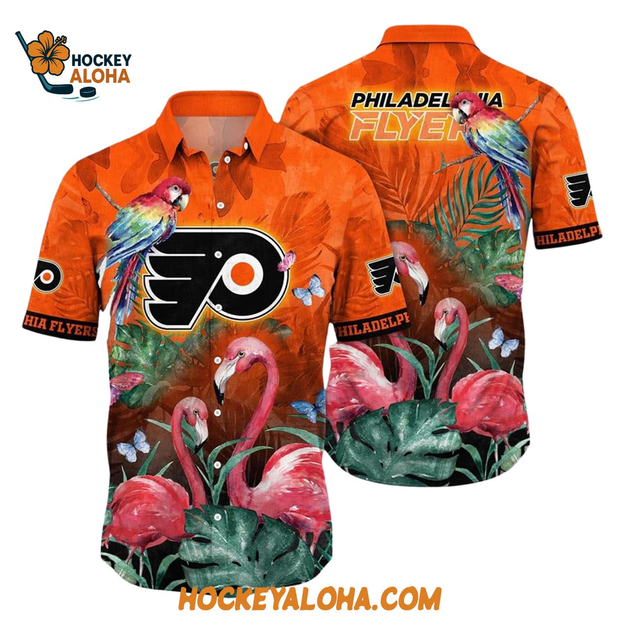 Philadelphia Flyers Tropical Parrot And Flamingo Motifs Summer Hawaiian Shirt Philadelphia Flyers Tropical Parrot And Flamingo Motifs Summer Hawaiian Shirt