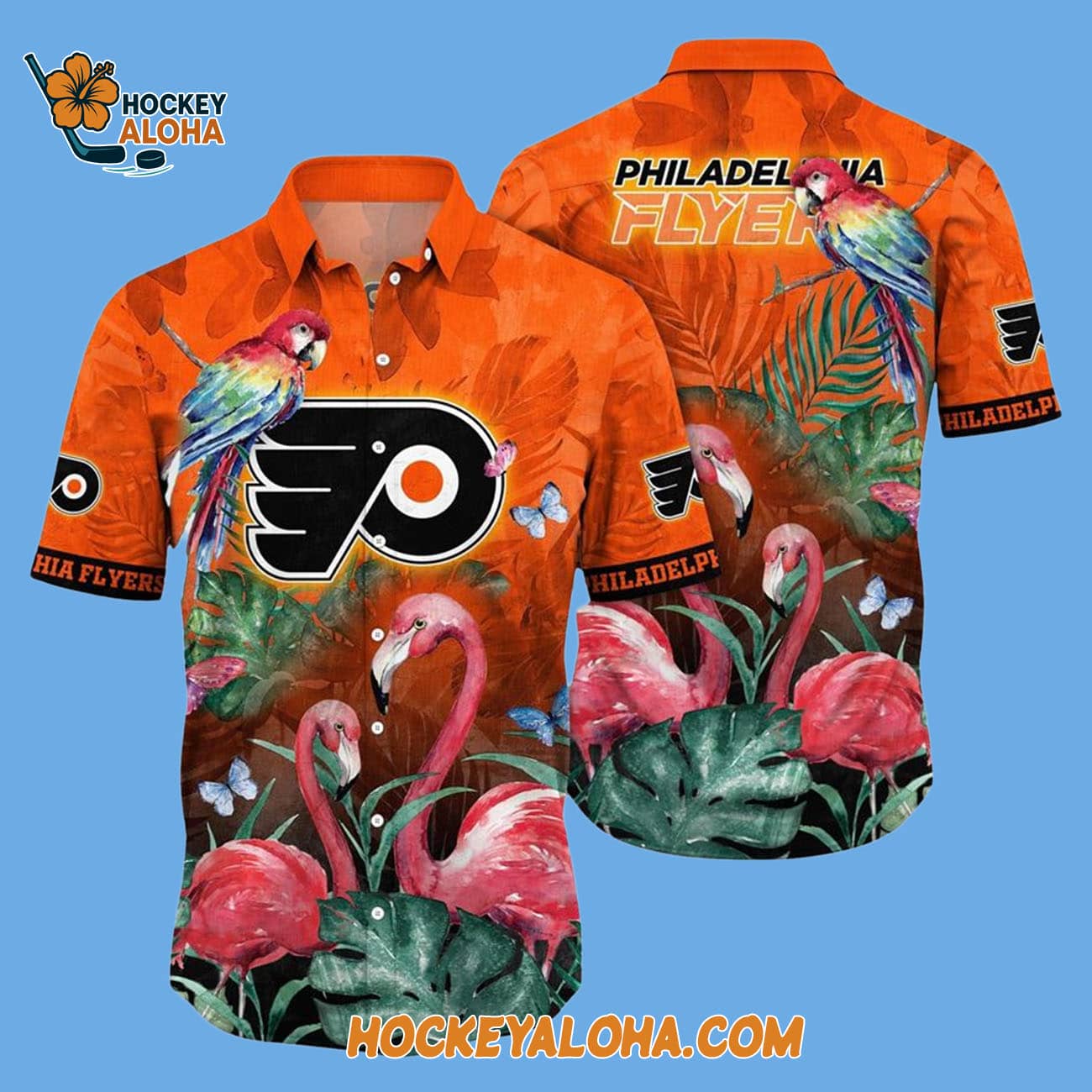 Philadelphia Flyers Tropical Parrot And Flamingo Motifs Summer Hawaiian Shirt Philadelphia Flyers Tropical Parrot And Flamingo Motifs Summer Hawaiian Shirt