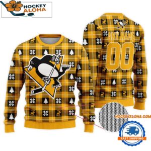 Pittsburgh Penguins Snow Tree Christmas Ugly Sweater Custom Name And Custom Number