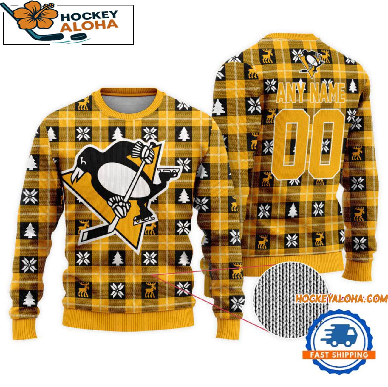 Pittsburgh Penguins Snow Tree Christmas Ugly Sweater, Custom Name And Custom Number Pittsburgh Penguins Snow Tree Christmas Ugly Sweater, Custom Name And Custom Number