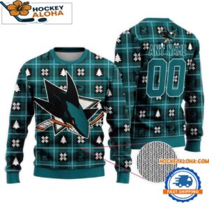 San Jose Sharks Snow Tree Christmas Ugly Sweater Custom Name And Custom Number