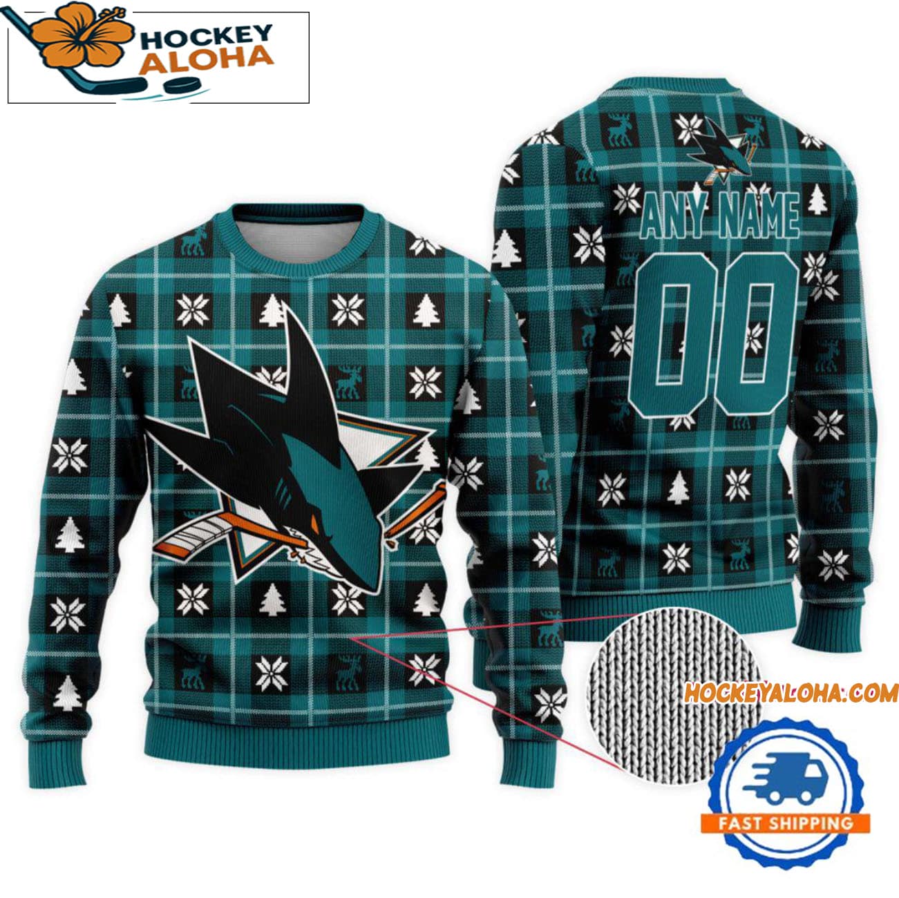 San Jose Sharks Snow Tree Christmas Ugly Sweater, Custom Name And Custom Number San Jose Sharks Snow Tree Christmas Ugly Sweater, Custom Name And Custom Number