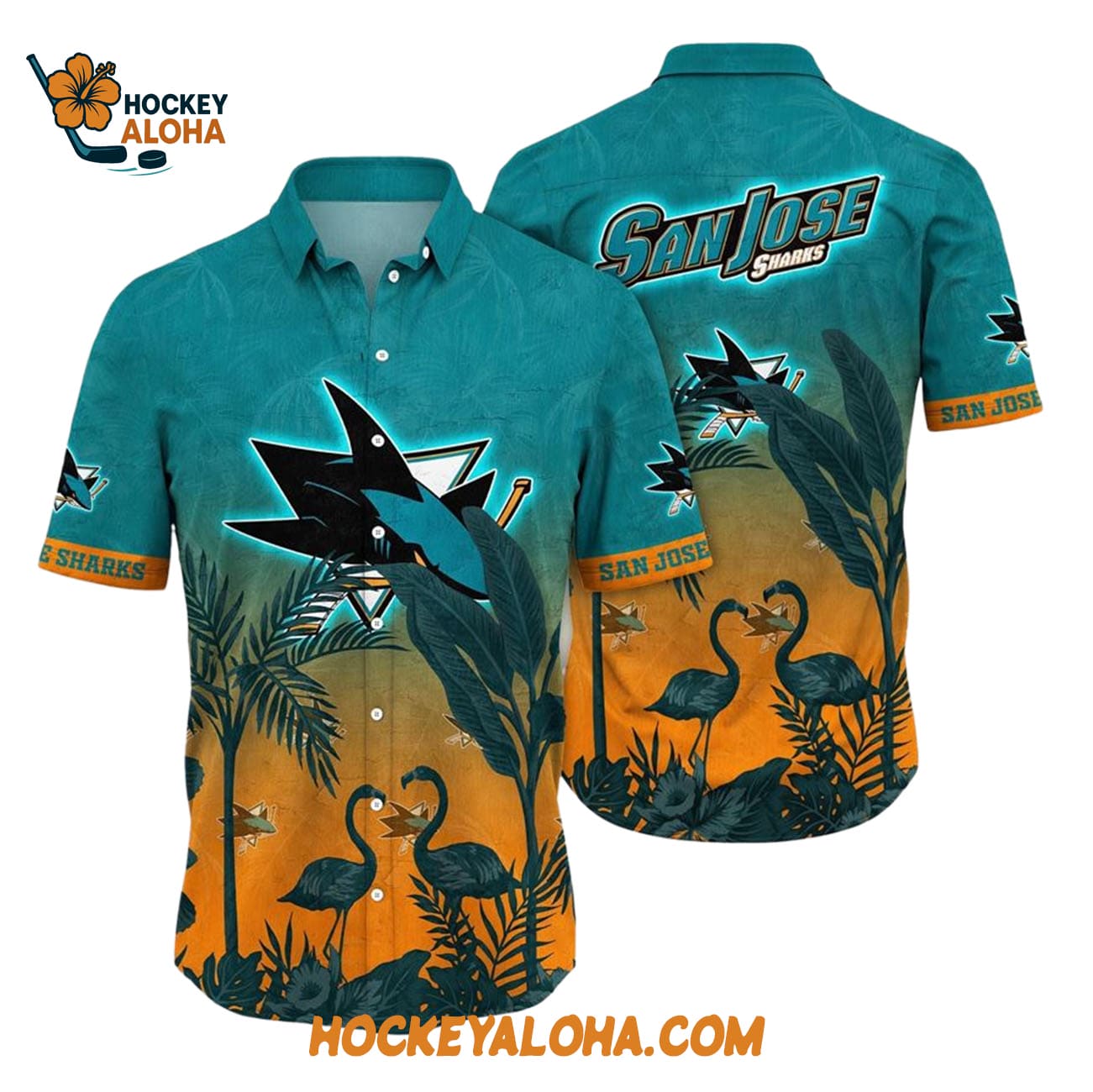 San Jose Sharks Tropical Flamingo Pattern Summer Hawaiian Shirt San Jose Sharks Tropical Flamingo Pattern Summer Hawaiian Shirt