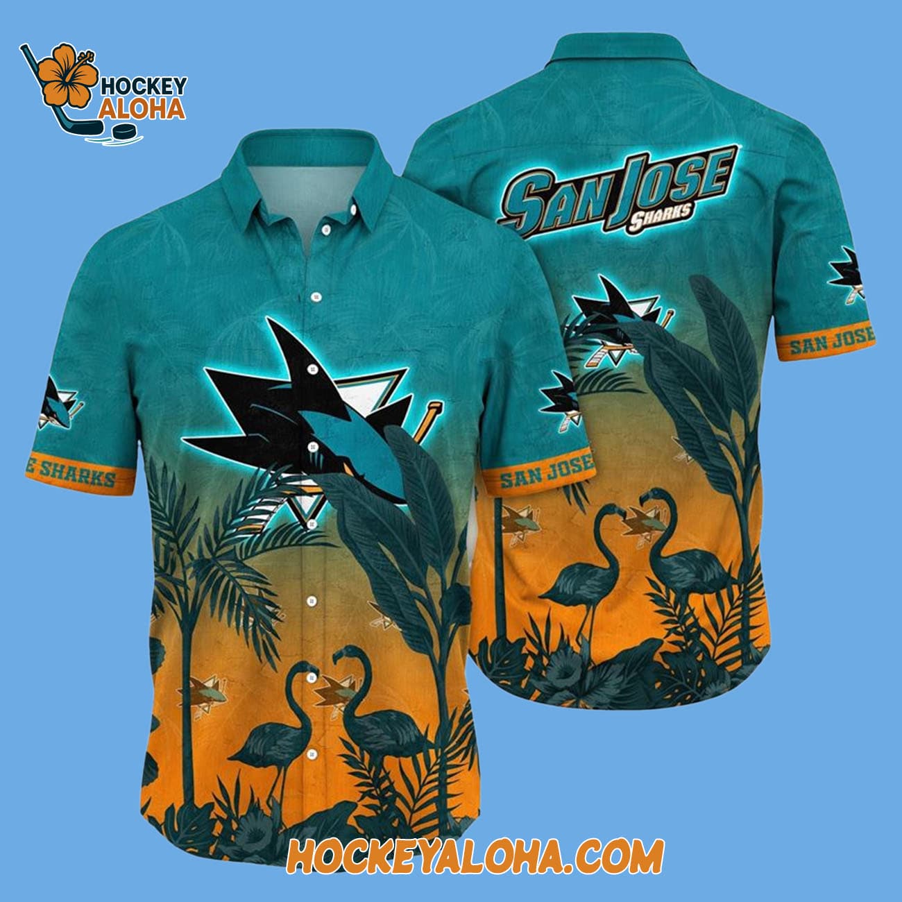 San Jose Sharks Tropical Flamingo Pattern Summer Hawaiian Shirt San Jose Sharks Tropical Flamingo Pattern Summer Hawaiian Shirt