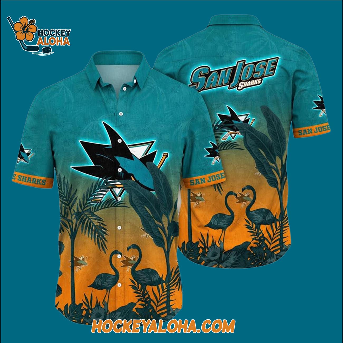 San Jose Sharks Tropical Flamingo Pattern Summer Hawaiian Shirt San Jose Sharks Tropical Flamingo Pattern Summer Hawaiian Shirt