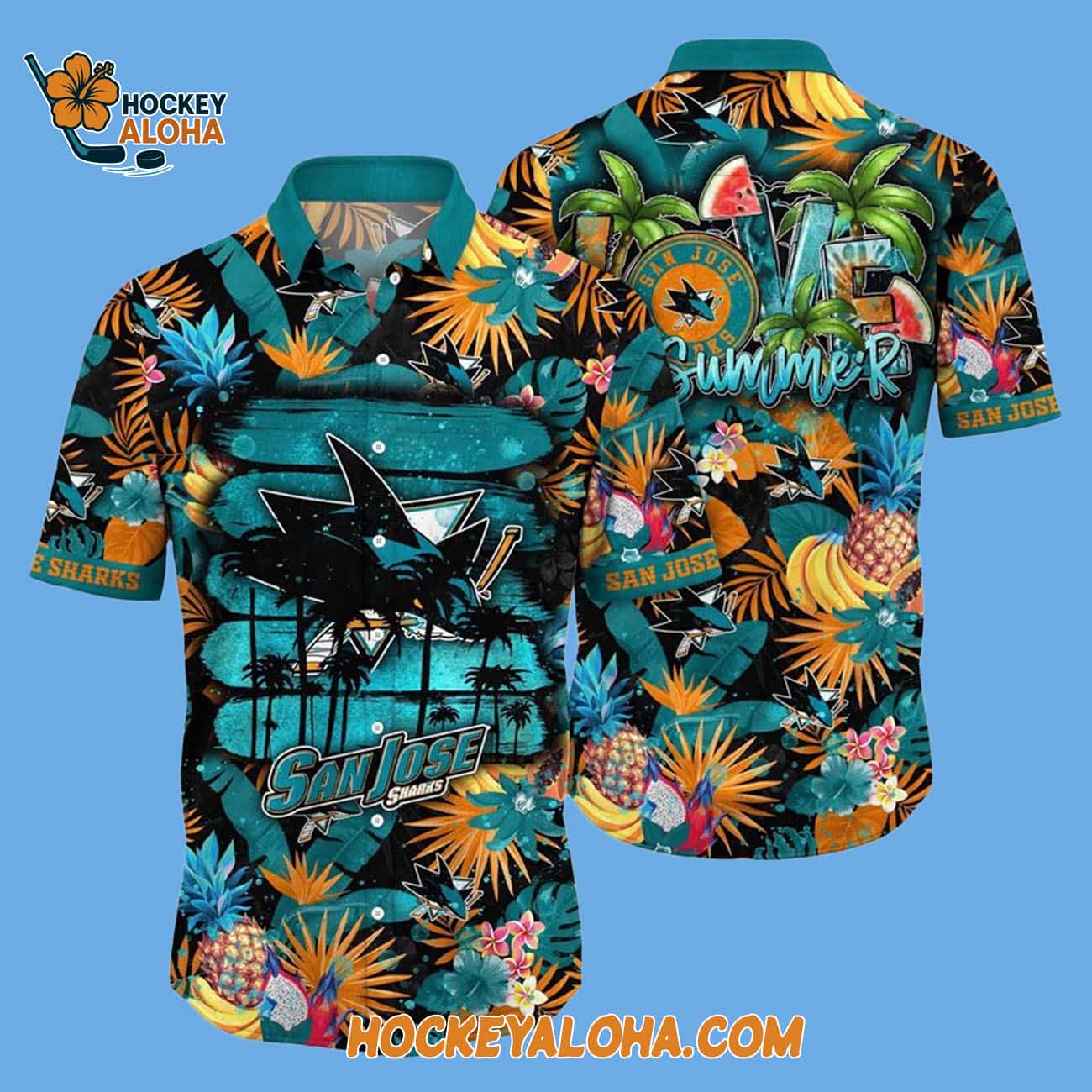 San Jose Sharks With Tropical Fruits Summer Hawaiian Shirt San Jose Sharks With Tropical Fruits Summer Hawaiian Shirt