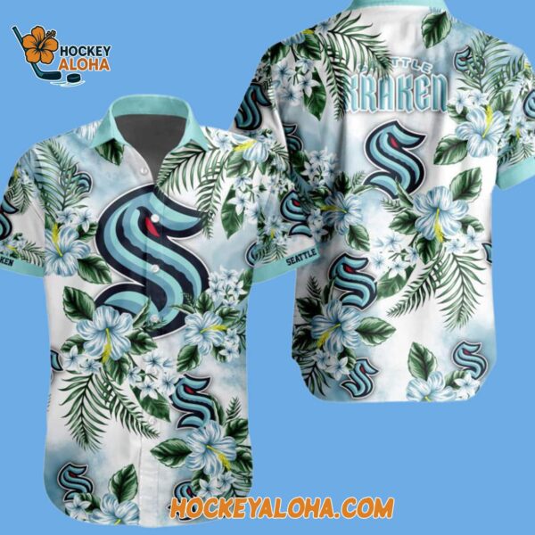 Seattle Kraken Hockey Tropical Flower Hawaiian Button Shirt 2