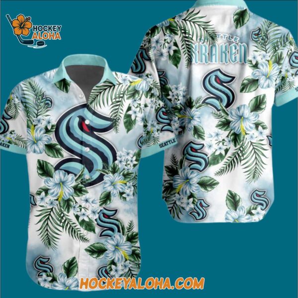 Seattle Kraken Hockey Tropical Flower Hawaiian Button Shirt 3