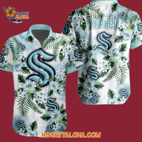 Seattle Kraken Hockey Tropical Flower Hawaiian Button Shirt 4