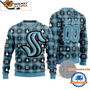 Seattle Kraken Snow Tree Christmas Ugly Sweater Custom Name And Custom Number