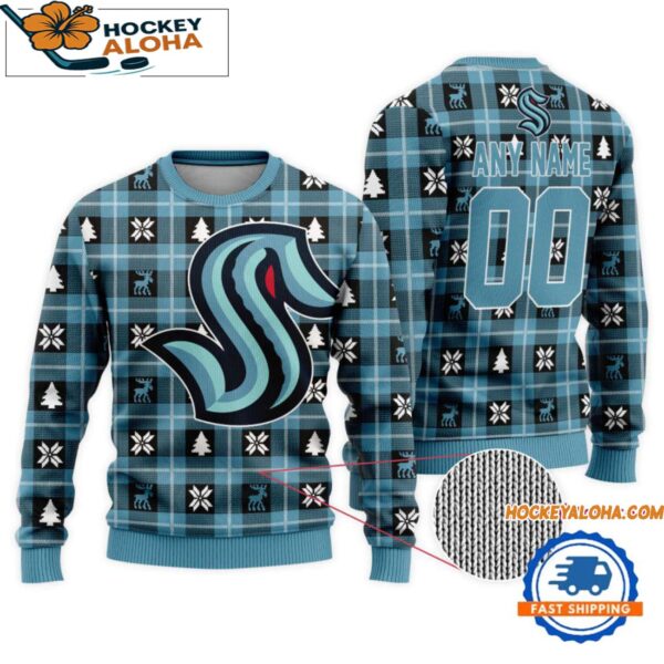 Seattle Kraken Snow Tree Christmas Ugly Sweater Custom Name And Custom Number