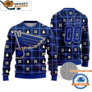 St Louis Blues Snow Tree Christmas Ugly Sweater Custom Name And Custom Number