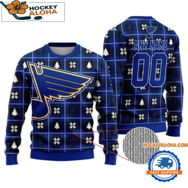 St Louis Blues Snow Tree Christmas Ugly Sweater Custom Name And Custom Number