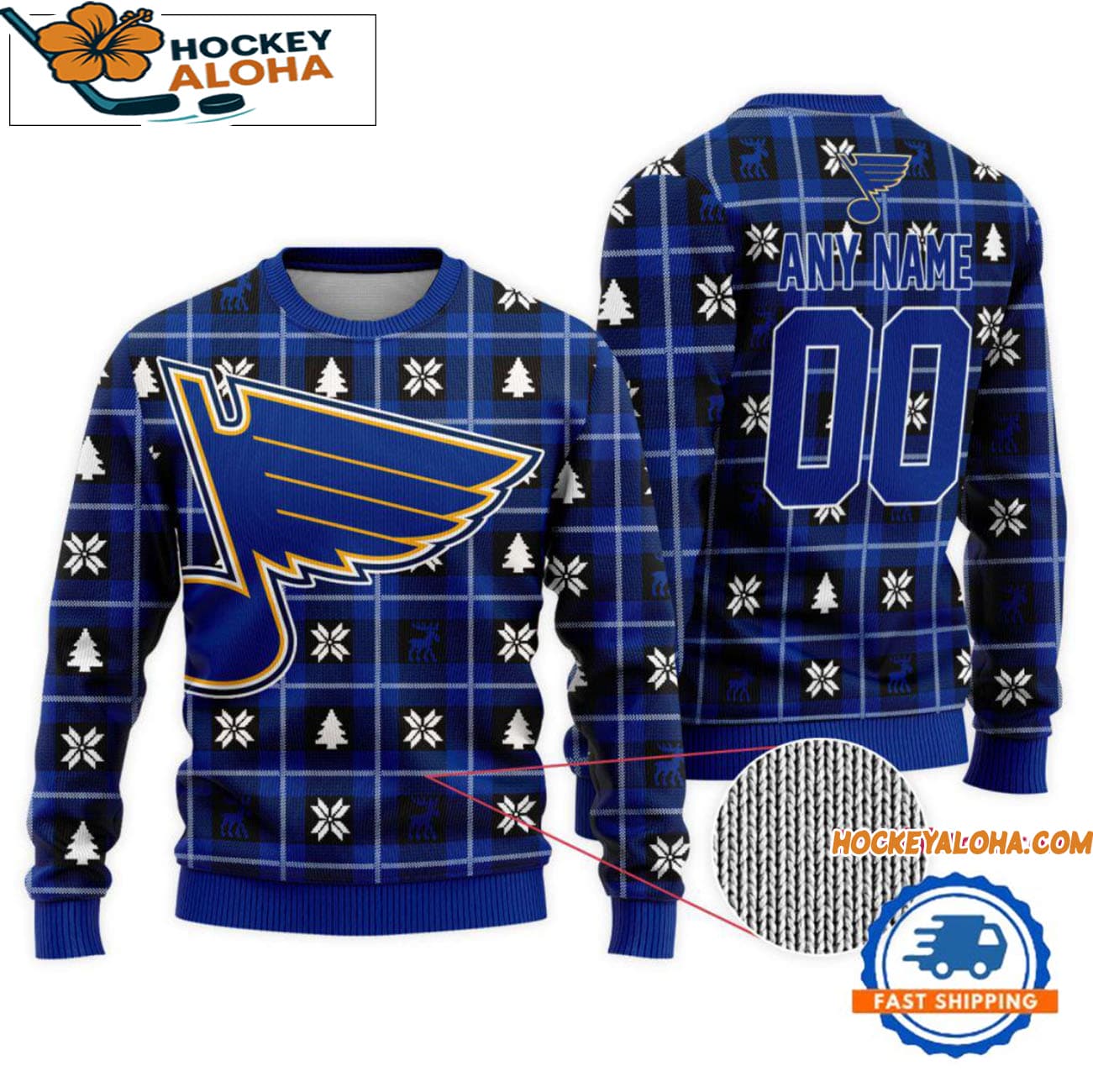 St Louis Blues Snow Tree Christmas Ugly Sweater, Custom Name And Custom Number St Louis Blues Snow Tree Christmas Ugly Sweater, Custom Name And Custom Number
