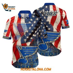 St Louis Blues With American Flag Pattern Summer Hawaiian Shirt 1