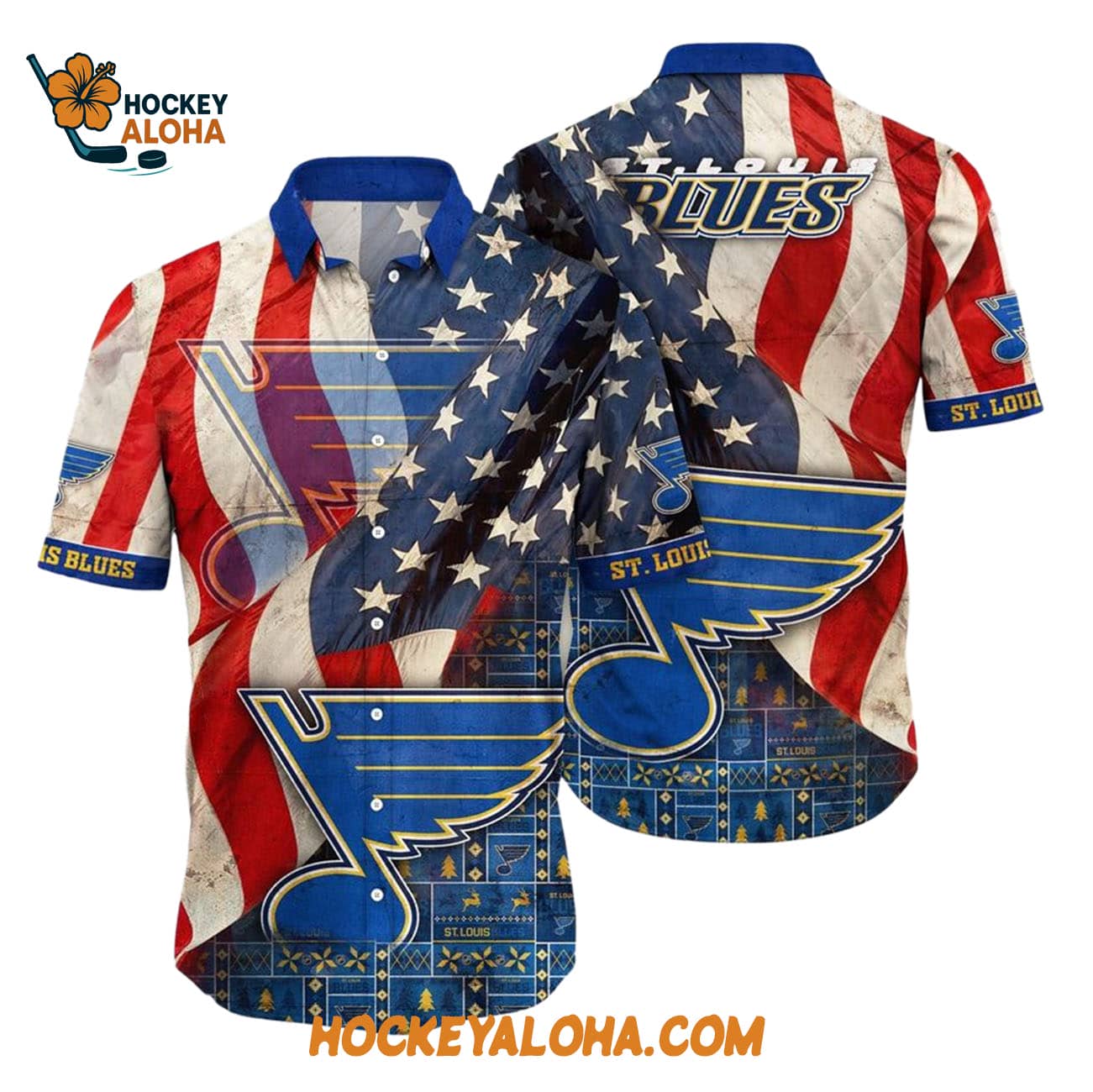 St Louis Blues With American Flag Pattern Summer Hawaiian Shirt St Louis Blues With American Flag Pattern Summer Hawaiian Shirt