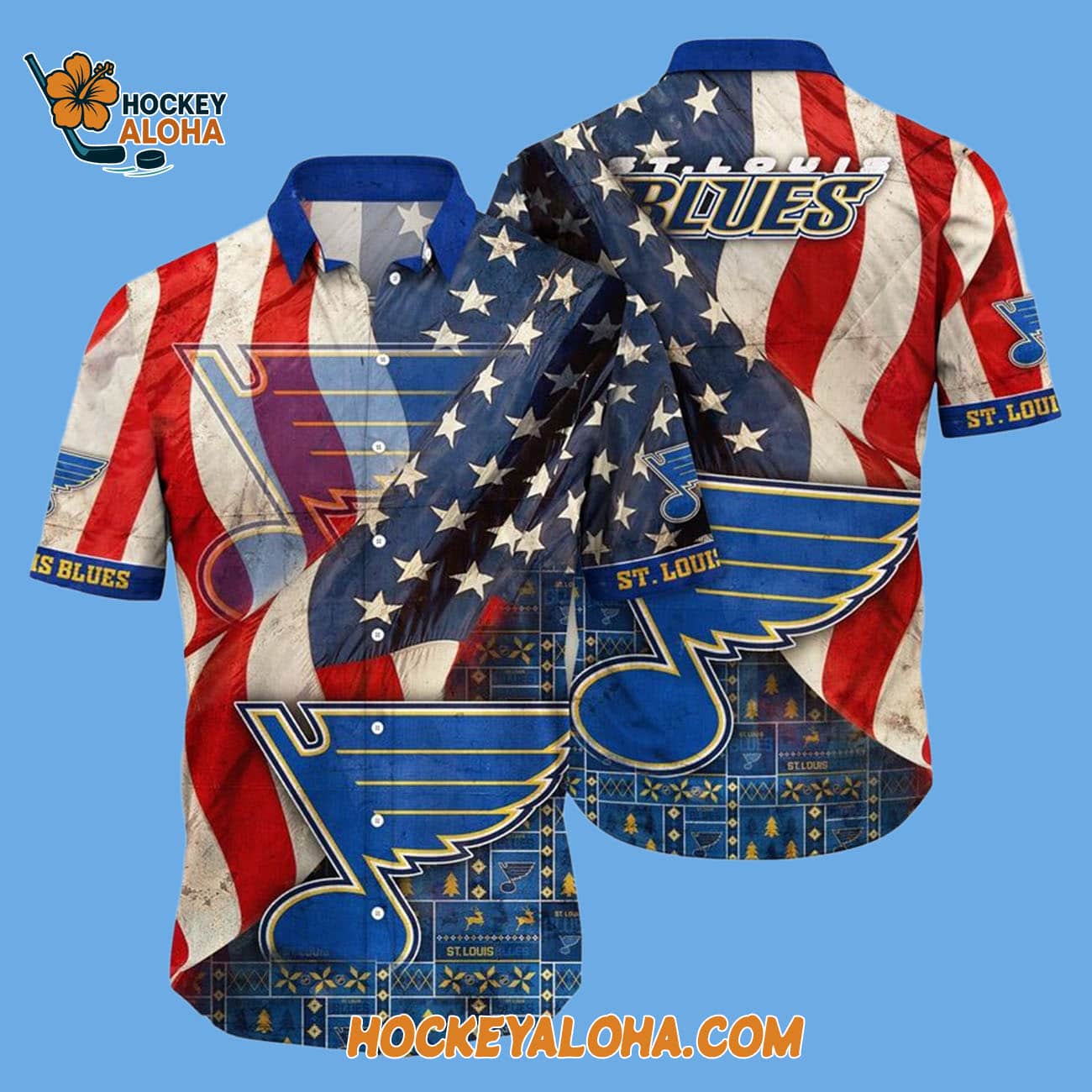 St Louis Blues With American Flag Pattern Summer Hawaiian Shirt St Louis Blues With American Flag Pattern Summer Hawaiian Shirt