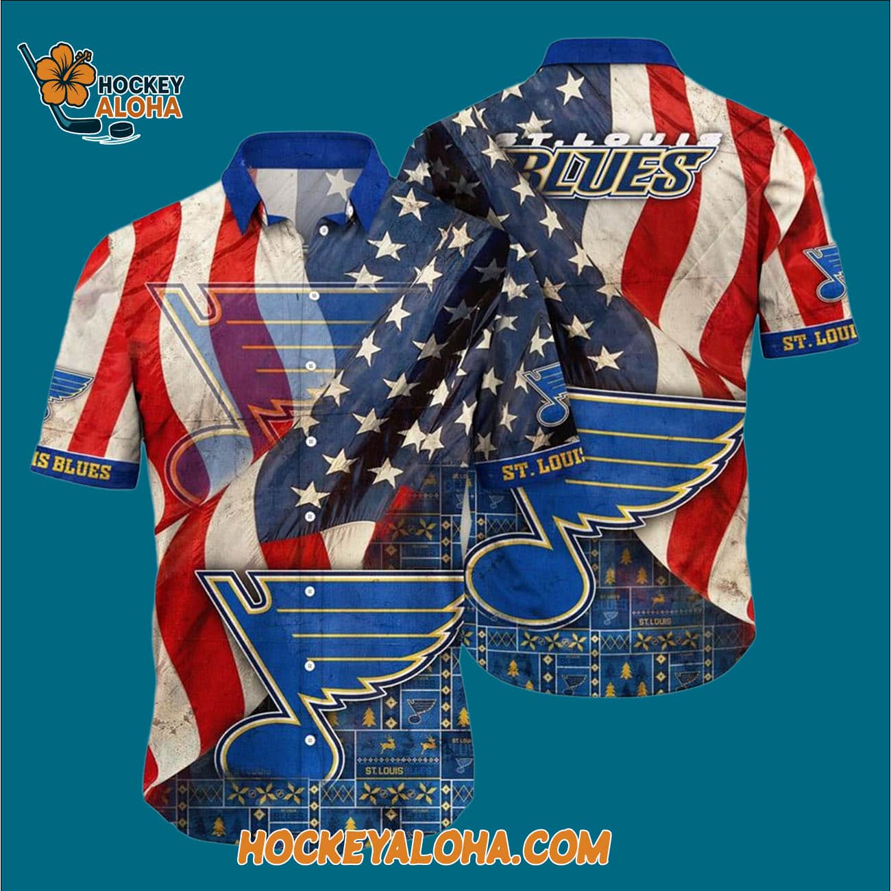 St Louis Blues With American Flag Pattern Summer Hawaiian Shirt St Louis Blues With American Flag Pattern Summer Hawaiian Shirt