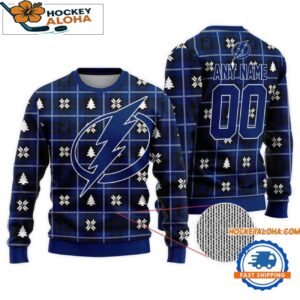 Tampa Bay Lightning Snow Tree Christmas Ugly Sweater Custom Name And Custom Number