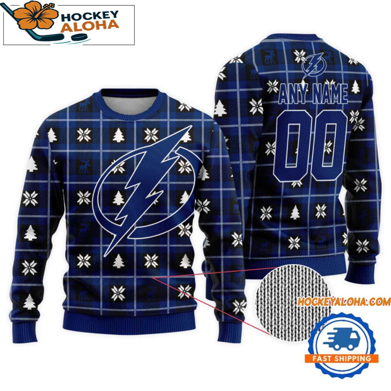 Tampa Bay Lightning Snow Tree Christmas Ugly Sweater, Custom Name And Custom Number Tampa Bay Lightning Snow Tree Christmas Ugly Sweater, Custom Name And Custom Number