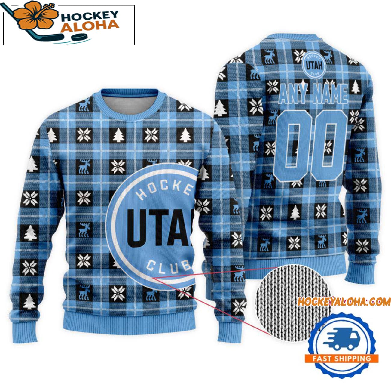 Utah Hockey Club Snow Tree Christmas Ugly Sweater, Custom Name And Custom Number Utah Hockey Club Snow Tree Christmas Ugly Sweater, Custom Name And Custom Number