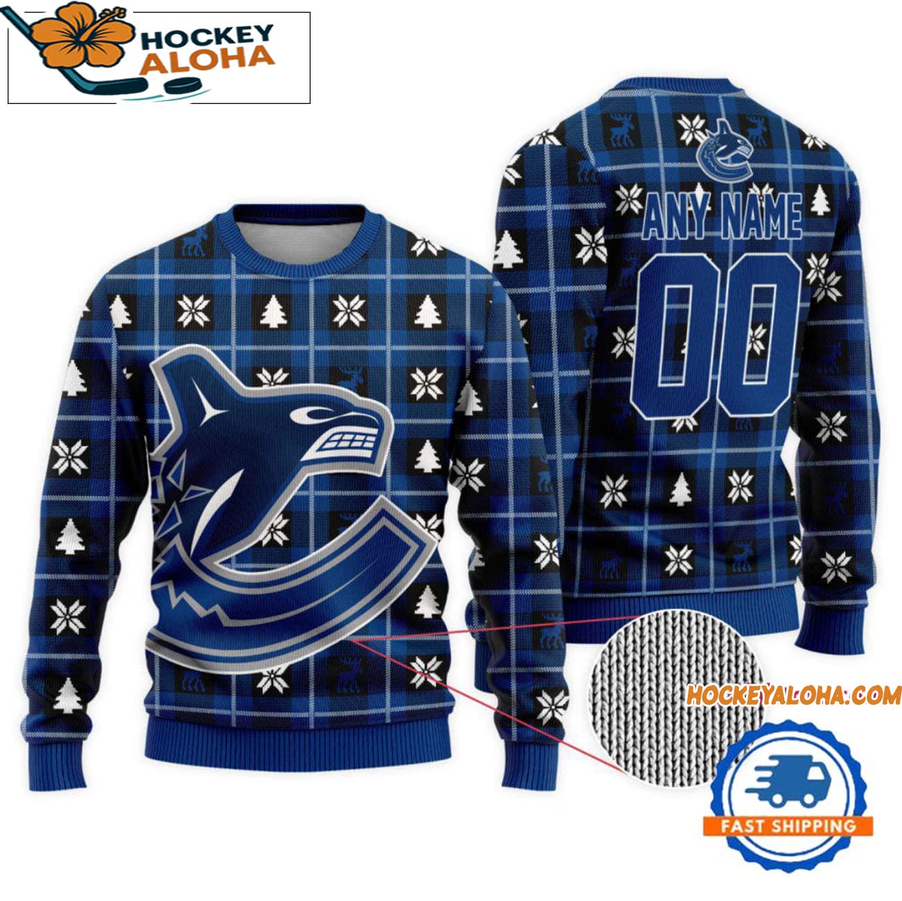 Vancouver Canucks Snow Tree Christmas Ugly Sweater, Custom Name And Custom Number Vancouver Canucks Snow Tree Christmas Ugly Sweater, Custom Name And Custom Number