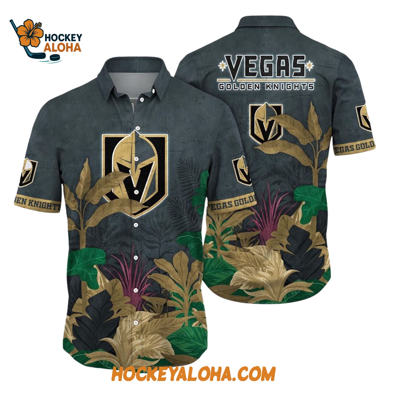 Vegas Golden Knights Tropical Forest Motifs Summer Hawaiian Shirt Vegas Golden Knights Tropical Forest Motifs Summer Hawaiian Shirt