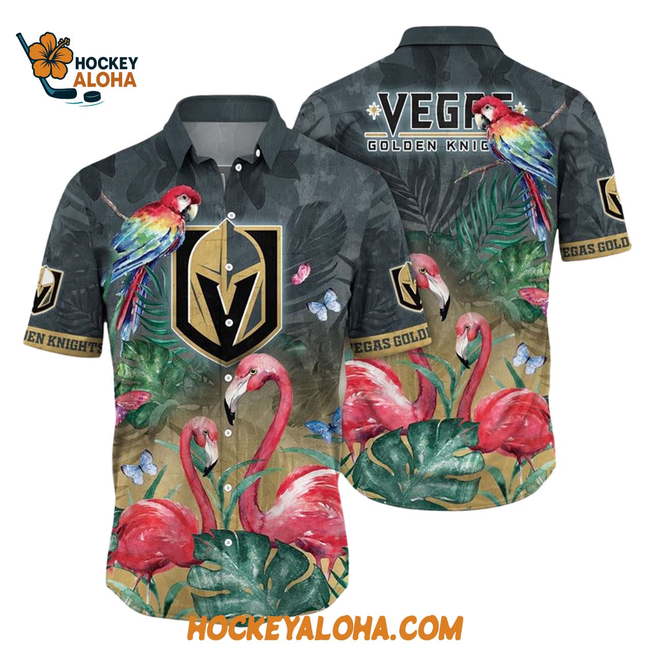 Vegas Golden Knights Tropical Parrot And Flamingo Motifs Summer Hawaiian Shirt Vegas Golden Knights Tropical Parrot And Flamingo Motifs Summer Hawaiian Shirt