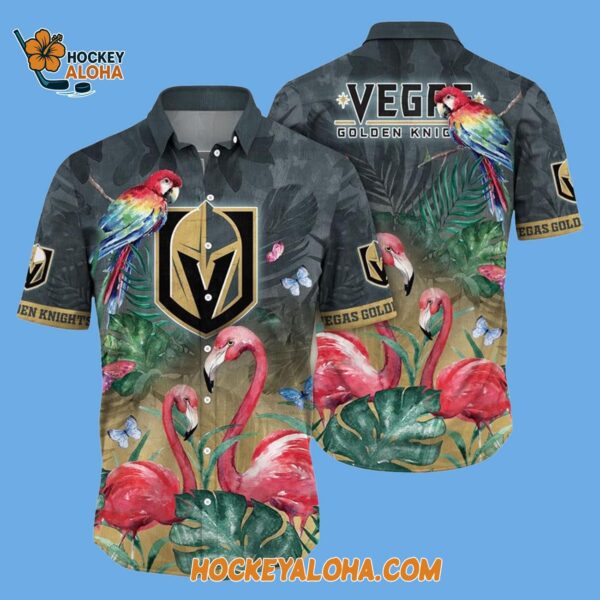 Vegas Golden Knights Tropical Parrot And Flamingo Motifs Summer Hawaiian Shirt 2