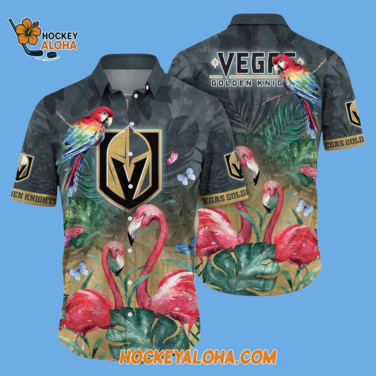 Vegas Golden Knights Tropical Parrot And Flamingo Motifs Summer Hawaiian Shirt Vegas Golden Knights Tropical Parrot And Flamingo Motifs Summer Hawaiian Shirt