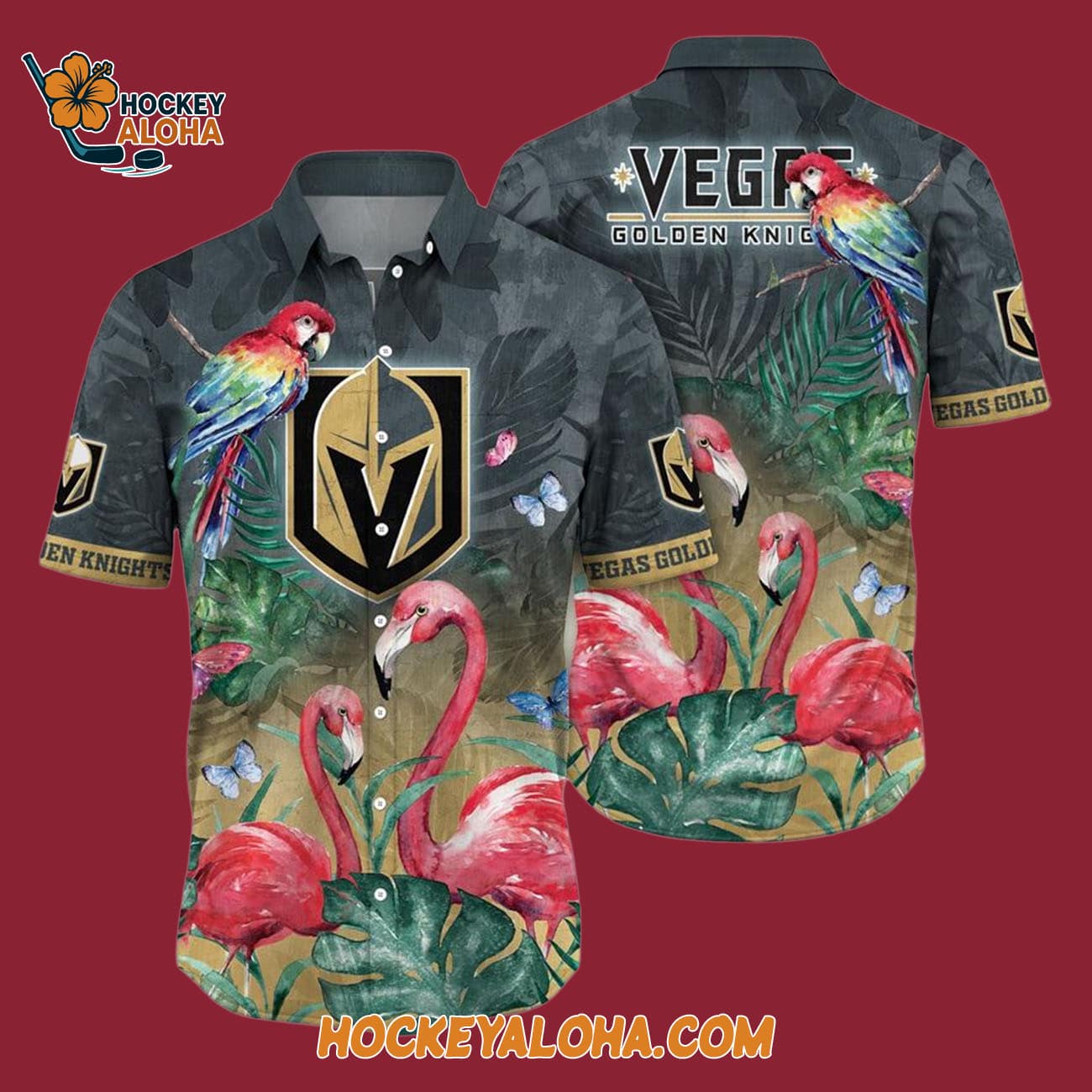 Vegas Golden Knights Tropical Parrot And Flamingo Motifs Summer Hawaiian Shirt Vegas Golden Knights Tropical Parrot And Flamingo Motifs Summer Hawaiian Shirt
