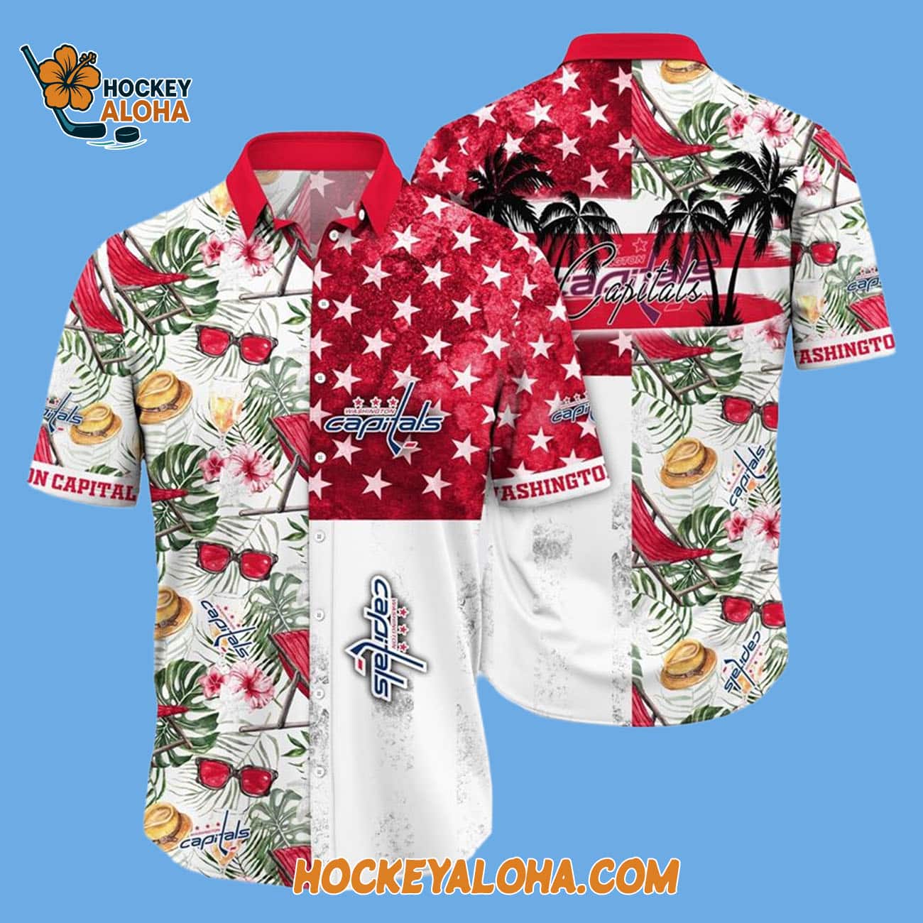 Washington Capitals Tropical Hat And Glasses Pattern Summer Hawaiian Shirt Washington Capitals Tropical Hat And Glasses Pattern Summer Hawaiian Shirt