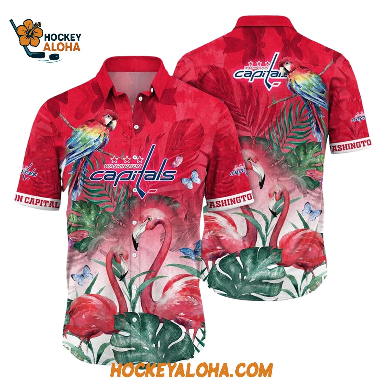 Washington Capitals Tropical Parrot And Flamingo Motifs Summer Hawaiian Shirt Washington Capitals Tropical Parrot And Flamingo Motifs Summer Hawaiian Shirt
