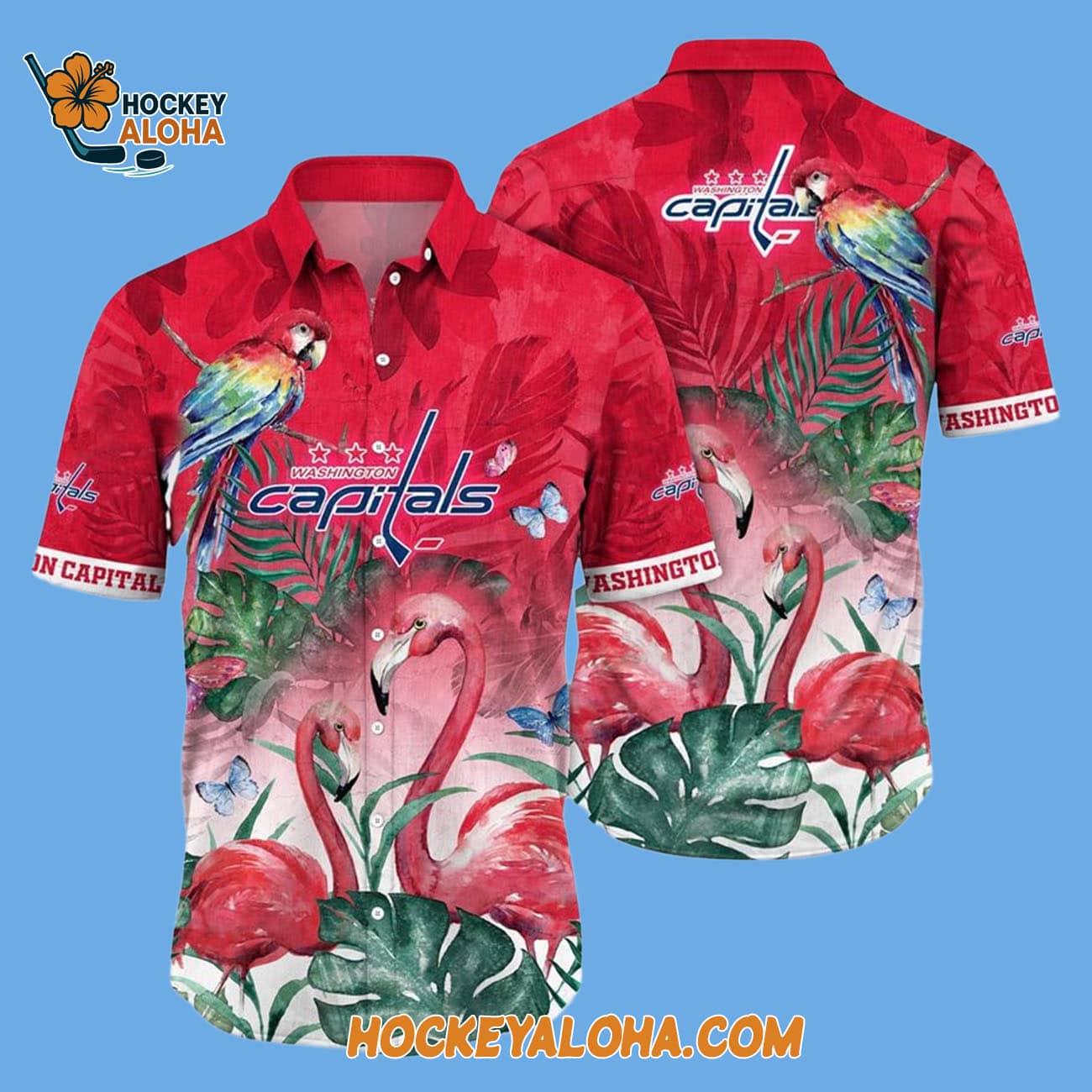 Washington Capitals Tropical Parrot And Flamingo Motifs Summer Hawaiian Shirt Washington Capitals Tropical Parrot And Flamingo Motifs Summer Hawaiian Shirt