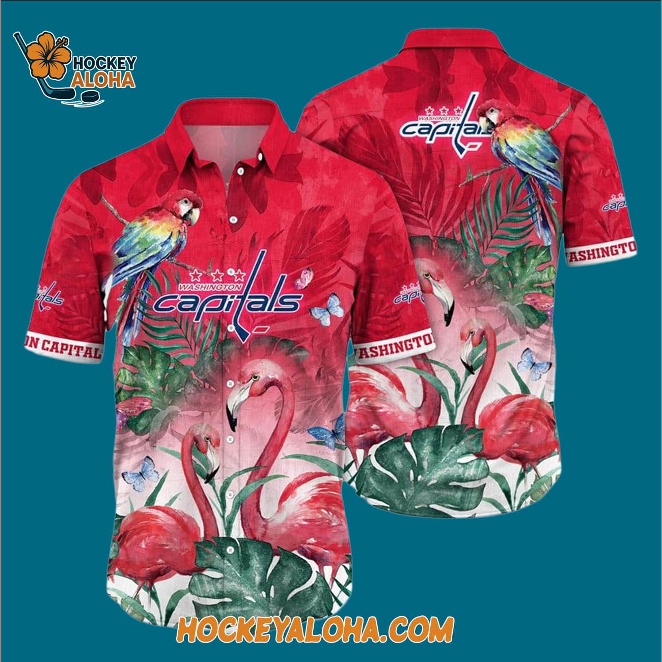 Washington Capitals Tropical Parrot And Flamingo Motifs Summer Hawaiian Shirt Washington Capitals Tropical Parrot And Flamingo Motifs Summer Hawaiian Shirt