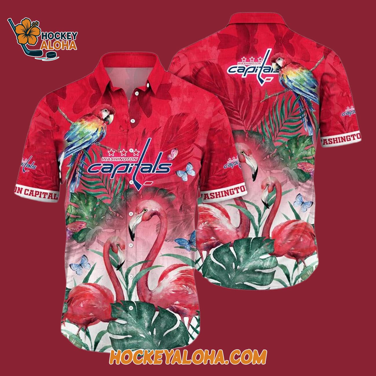 Washington Capitals Tropical Parrot And Flamingo Motifs Summer Hawaiian Shirt Washington Capitals Tropical Parrot And Flamingo Motifs Summer Hawaiian Shirt
