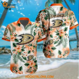 NHL Anaheim Ducks Hockey Tropical Flower Hawaiian Design Button Shirt