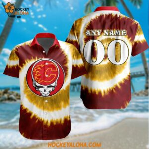 NHL Calgary Flames Grateful Dead Tie Dye Hawaiian Design Button Shirt
