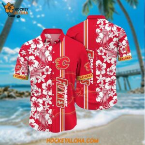NHL Calgary Flames Hawaiian Shirt Tropical Apricot Blossom Pattern Summer Hawaiian Shirt