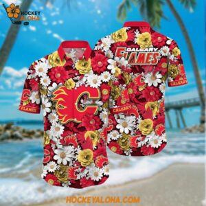 NHL Calgary Flames Hawaiian Shirt Tropical Begonia Flower Pattern Summer Hawaiian Shirt