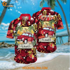 NHL Calgary Flames Hawaiian Shirt Tropical Forest Motif Car Traveling Summer Hawaiian Shirt