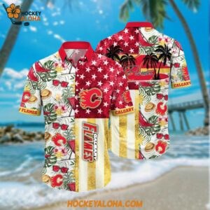 NHL Calgary Flames Hawaiian Shirt Tropical Hat And Glasses Pattern Summer Hawaiian Shirt